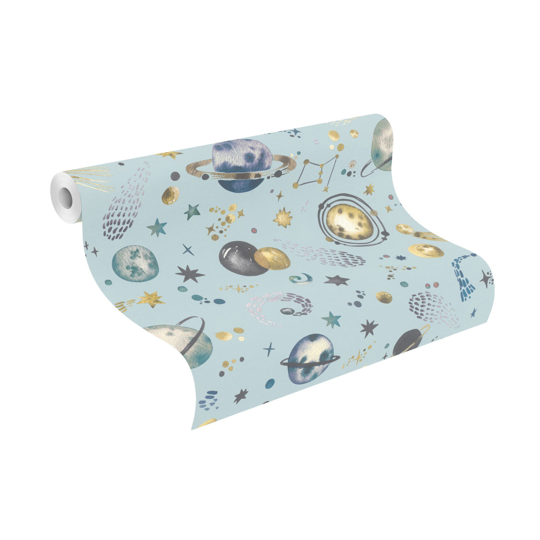 Rasch Vliestapete Weltall-Motiv Schwarz Gold Blau, Fotodruck, (1 Rolle, 1 St., Kollektion 'Kids World II' - 10,05 m x 0,53 m), gute Lichtbeständigkeit, feucht abwischbar, restlos abziehbar