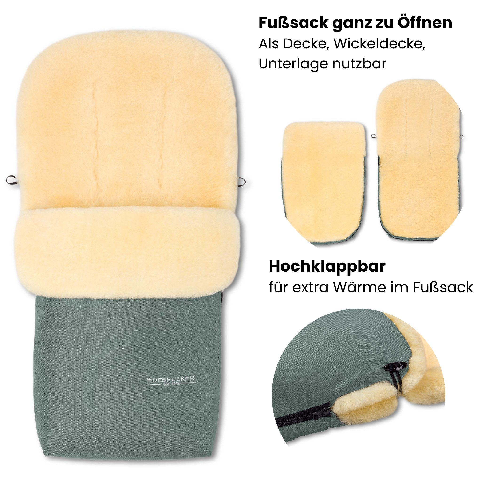 Hofbrucker seit 1948 Fußsack Lammfell-Fußsack Putzi für Kinderwagen und Buggy, warmer Winterfußsack mit echtem Lammfell wasserabweisend und