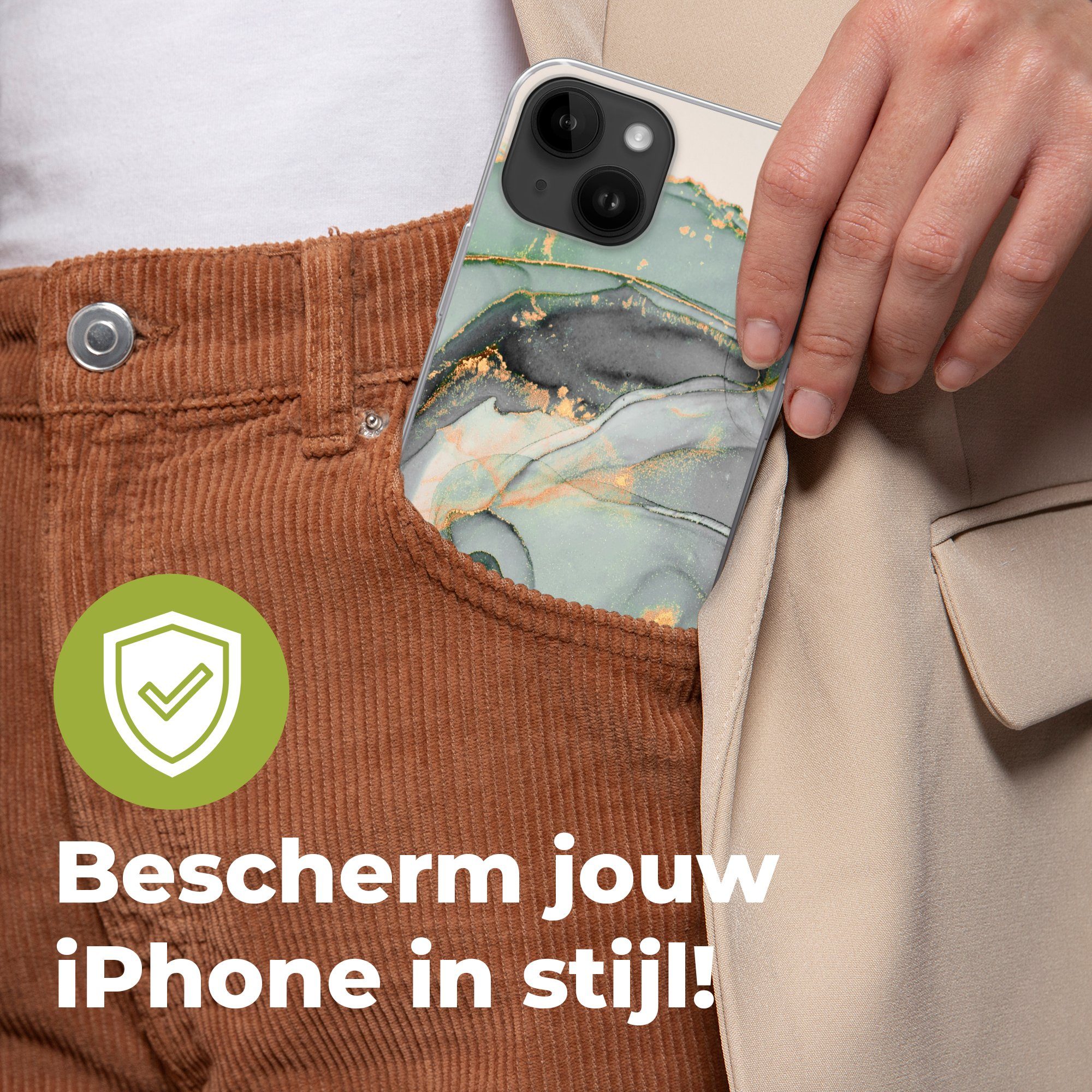 MuchoWow Handyhülle für Apple iPhone 14 Gold - Marmor - Grün - Luxus - Glitzer - Marmoropt, Smartphone-Bumper, Print, Handy Schutzhülle Dünn