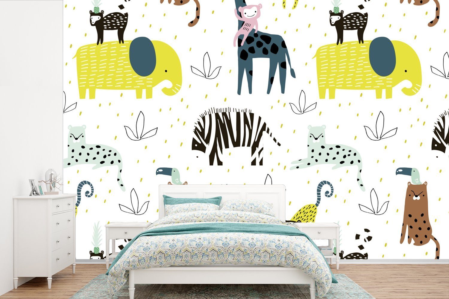 MuchoWow Fototapete Tiere - Dschungel - Pastell - Kinder, Matt, bedruckt, (6 St), Wallpaper für Wohnzimmer, Schlafzimmer, Kinderzimmer, Vinyl Tapete