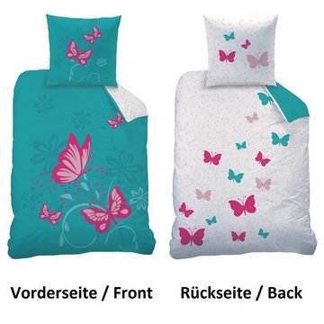 Jugendbettwäsche mit Schmetterling Motiv Butterfly 135x200 80x80 cm aus 100% Baumwolle, Familando, Renforcé, 2 teilig, mit weißer Wendeseite