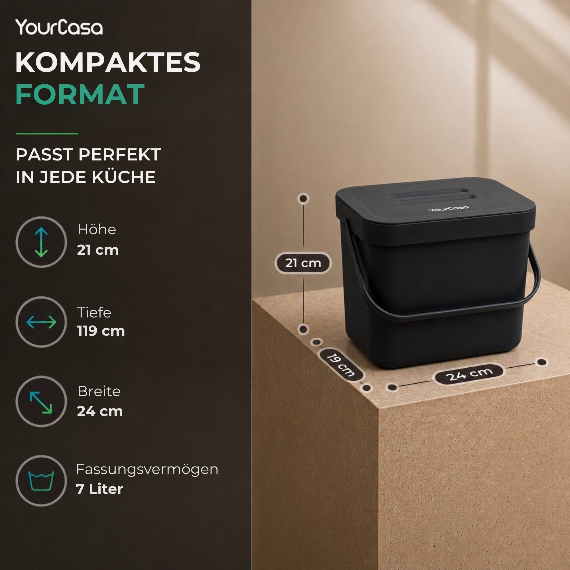 YourCasa Biomülleimer Küche 7L mit Halterung, Sieb und Deckel, 7 Liter, Mit Halterung – Bild 4 von 5