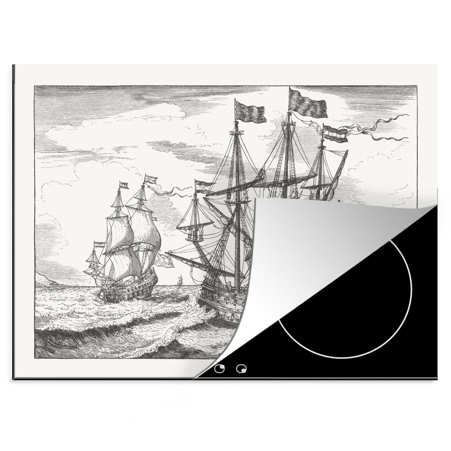 MuchoWow Herdblende-/Abdeckplatte Marineschiffe im 17. Jahrhundert - Kupferstich von Ludolf Bakhuizen, Vinyl, (1 tlg), 70x52 cm, Mobile Arbeitsfläche nutzbar, Ceranfeldabdeckung