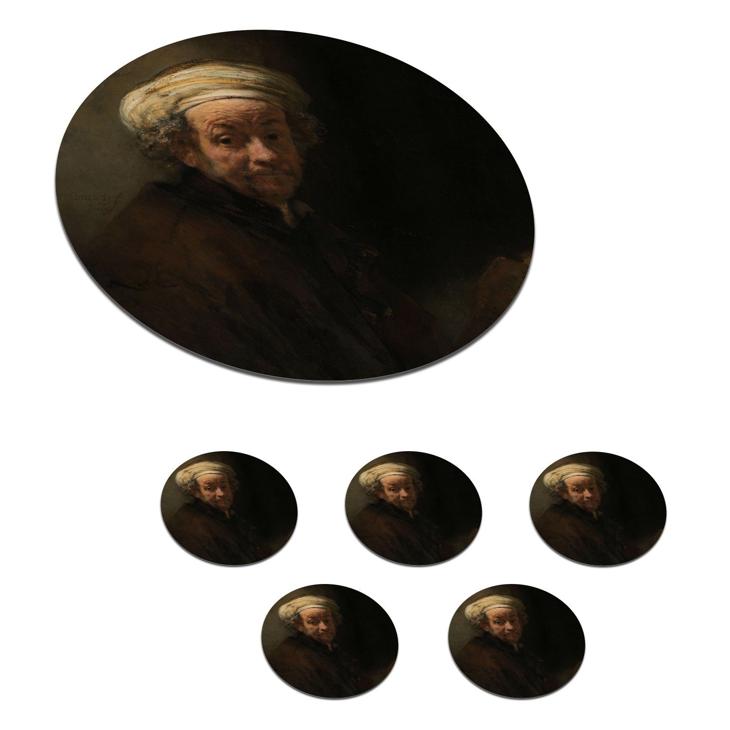 MuchoWow Glasuntersetzer Selbstbildnis als Apostel Paulus - Gemälde von Rembrandt van Rijn, Zubehör für Gläser, 6-tlg., Getränkeuntersetzer, Tassenuntersetzer, Korkuntersetzer, Tasse, Becher