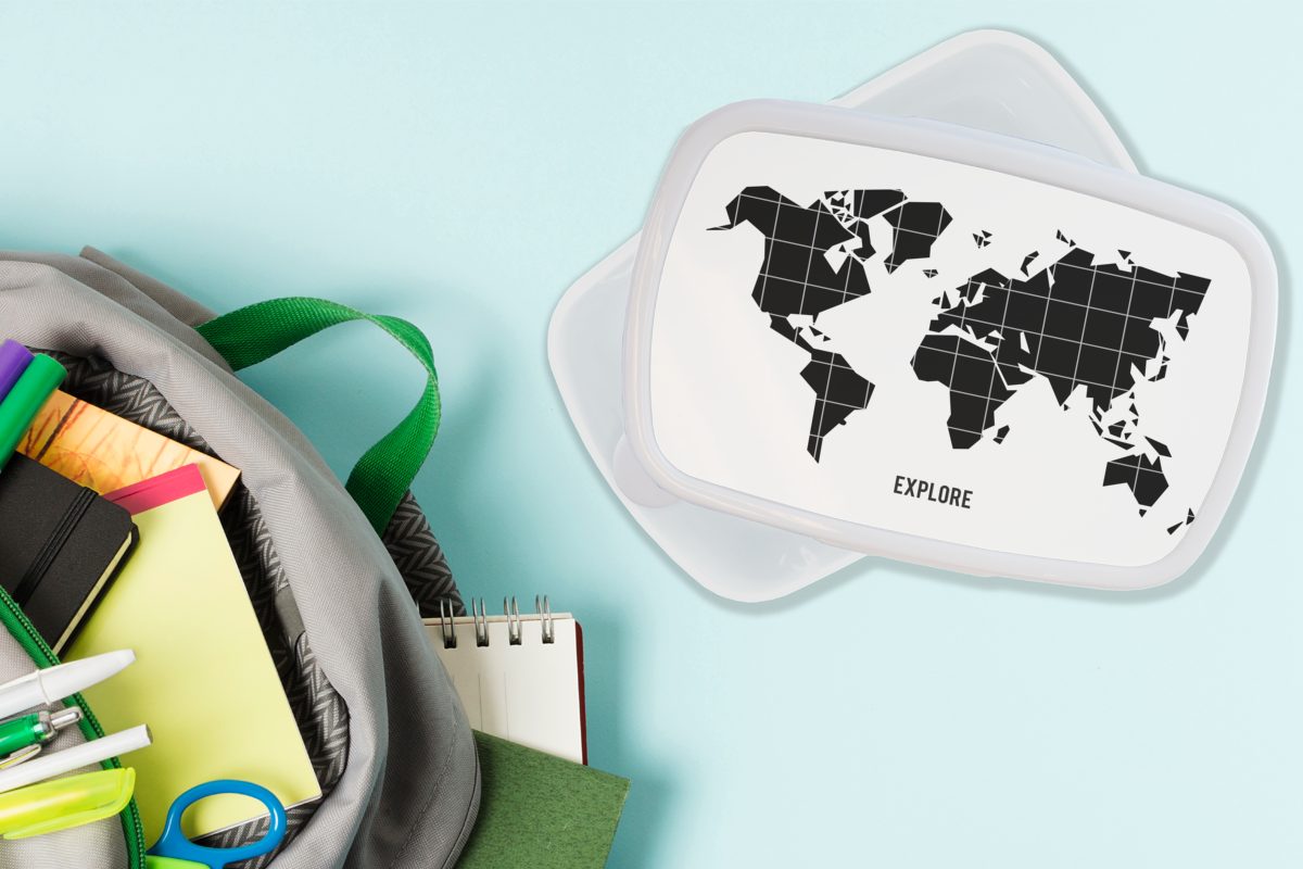 MuchoWow für für Trendy Weltkarte (2-tlg), Kinder Schwarz, Mädchen Brotdose, Kunststoff, und Jungs Lunchbox weiß - - Brotbox und Erwachsene,