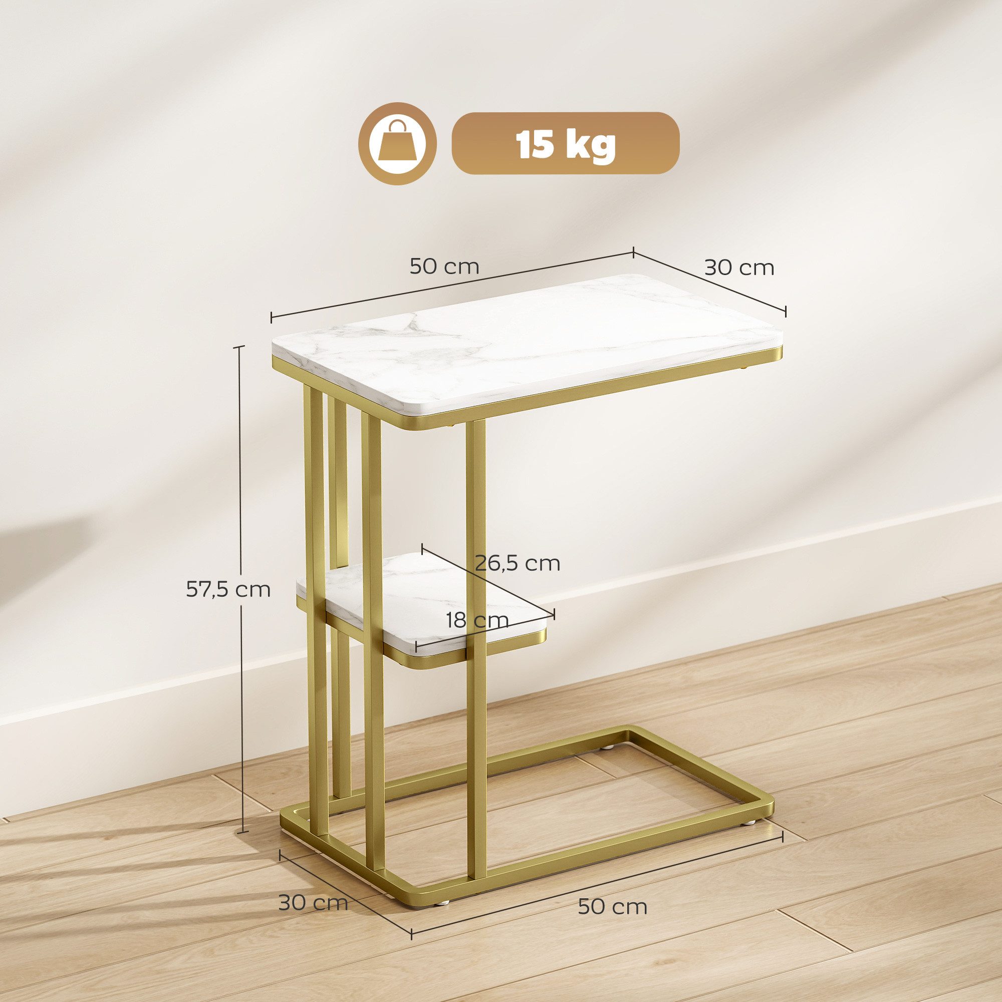HOMCOM Beistelltisch schmaler Couchtisch mit Stauraum (Set, 1-St., 1 Tisch), C-Form, 2 Ebenen, Marmoroptik
