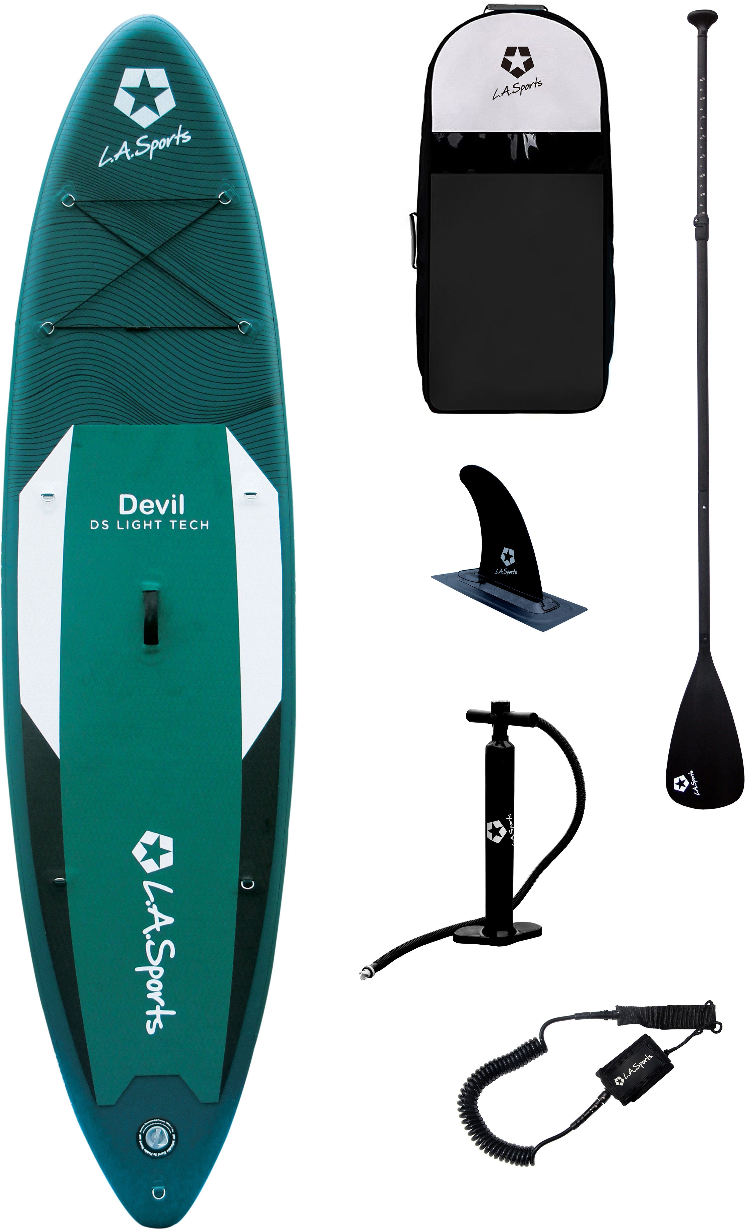 L.A. Sports Inflatable SUP-Board Devil, Funboard, (Set, 6 tlg., mit Paddel, Pumpe und Transportrucksack)