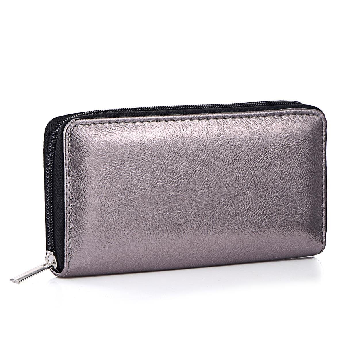 DonDon Geldbörse Portemonnaie Geldbeutel weich 20 x 10 x 2,5 cm (Packung, 1-tlg), Geldbörse für Damen und Mädchen, Metallic-Look, mit Reißverschluss