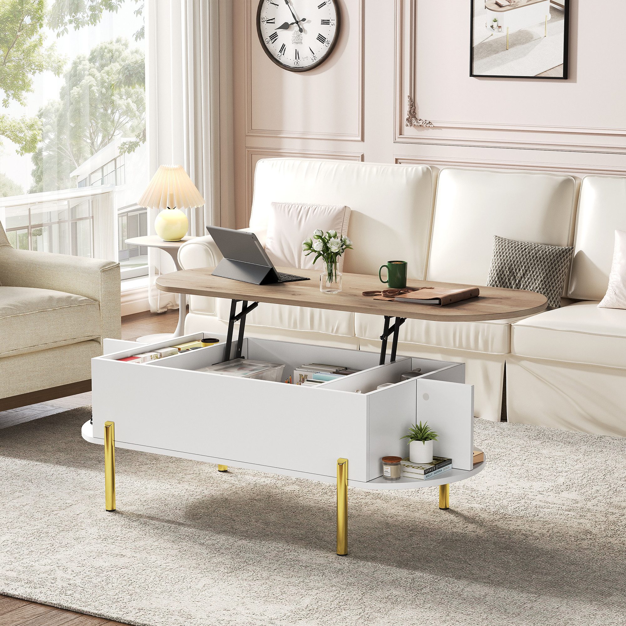 MODFU Couchtisch Couchtisch (Satztisch, Wohnzimmertisch, Beistelltisch, 1-St., 120*50*43cm), verstecktem Stauraum, 7 Ablageflächen