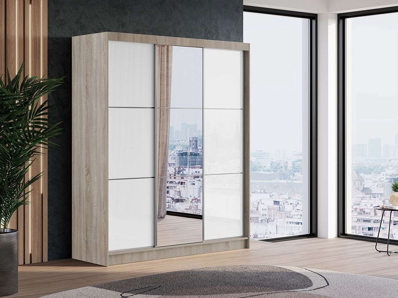 MKS MÖBEL Kleiderschrank VALENCIA Schwebetürenschrank 180 cm, Schrank mit Spiegel und Lacobel, Modern Weiss