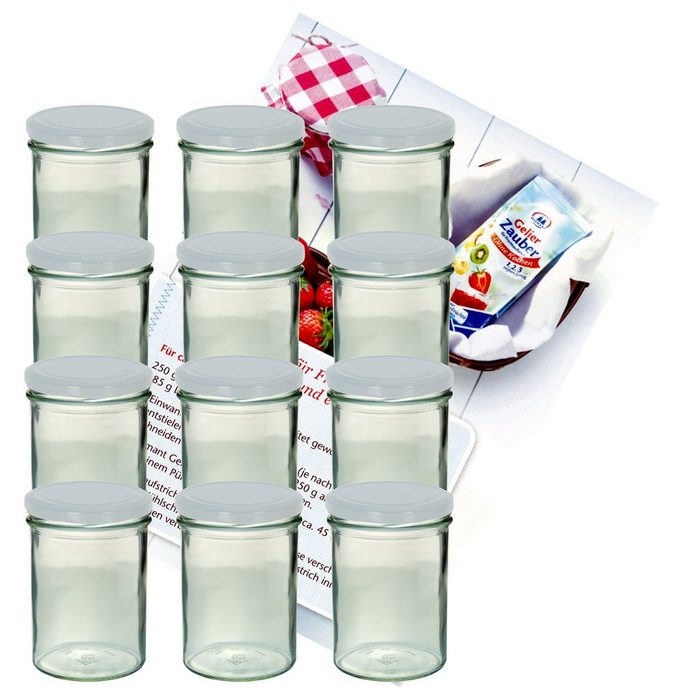 MamboCat Einmachglas 12er Set Sturzglas 435 ml Marmeladenglas Einmachglas Einweckglas To 82 weißer Deckel incl. Diamant-Zucker Gelierzauber Rezeptheft