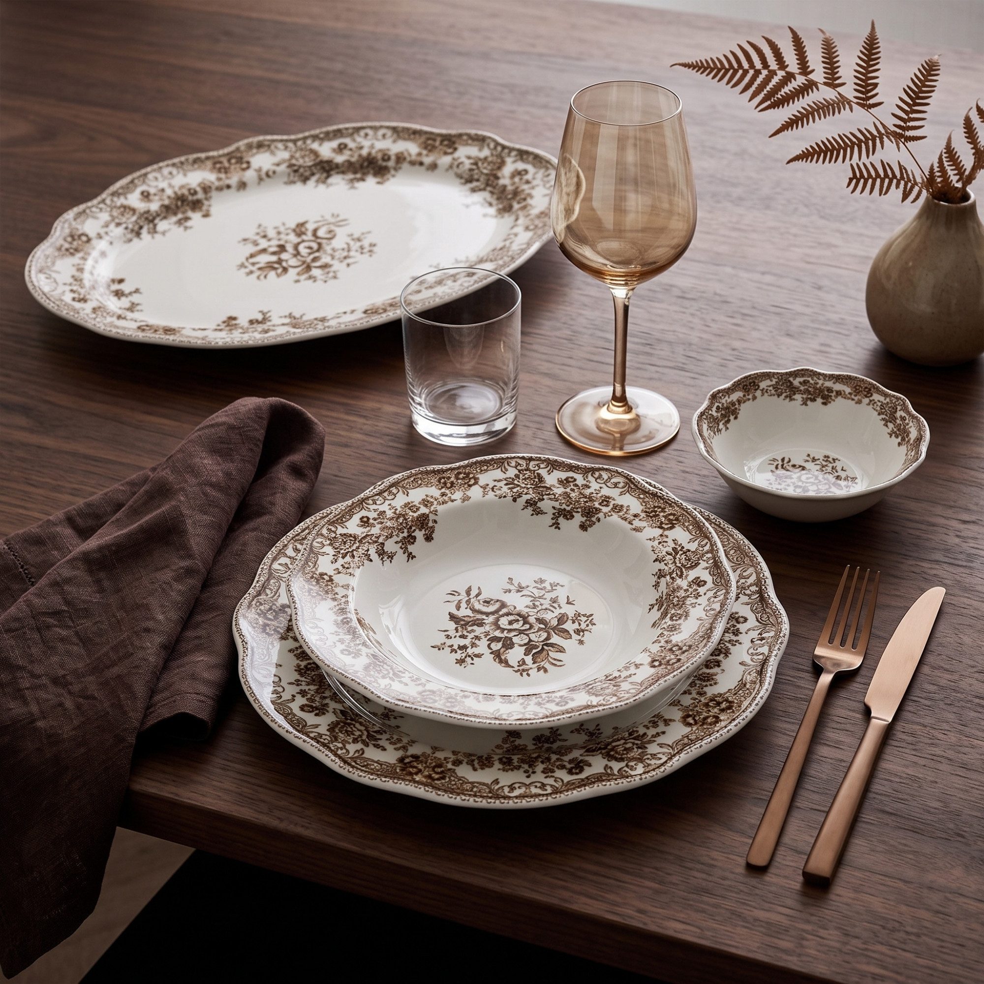 Bricard Geschirr-Set Kombiservice »Vintage Flora«, Porzellan mit edlem braunem Dekor, 6 Personen, 25 tlg.