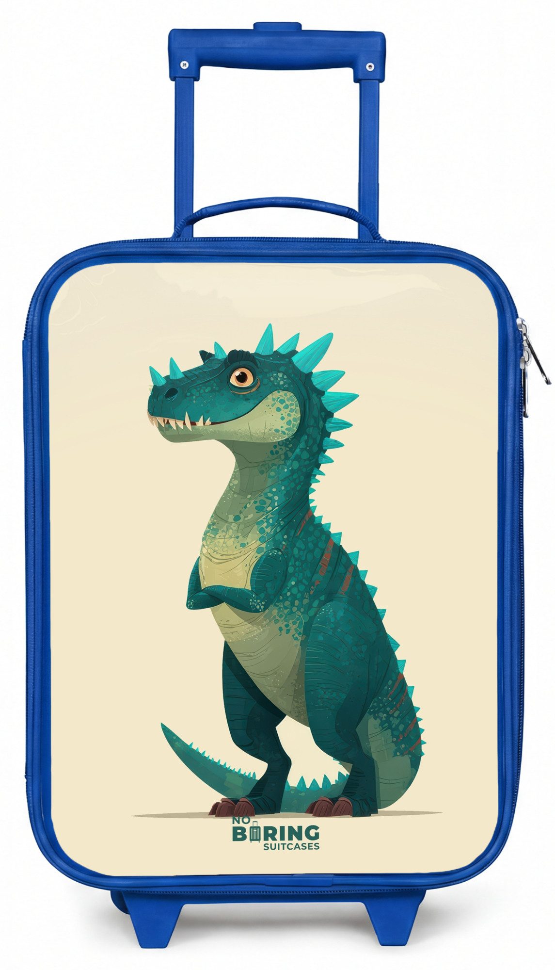 NoBoringSuitcases.com© Kinderkoffer Blau - mit leuchtende Räder - Stacheliger Dino mit freundlichem Blick, 2 Rollen, Handgepäck Koffer, Trolley Kinder, Reisekoffer Jungen