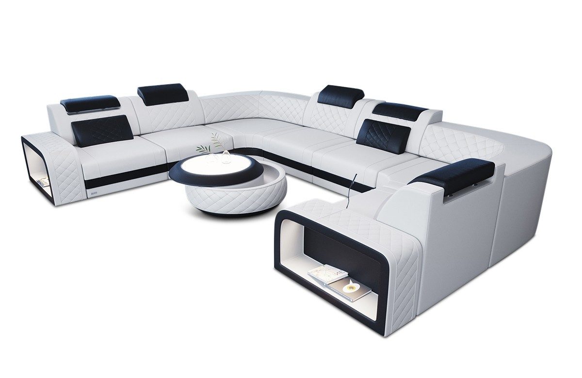 Sofa Dreams Wohnlandschaft Foggia U Form Leder, LED-Beleuchtung, Couch, 6-Sitzer, Kopfstützen, USB-Anschluss