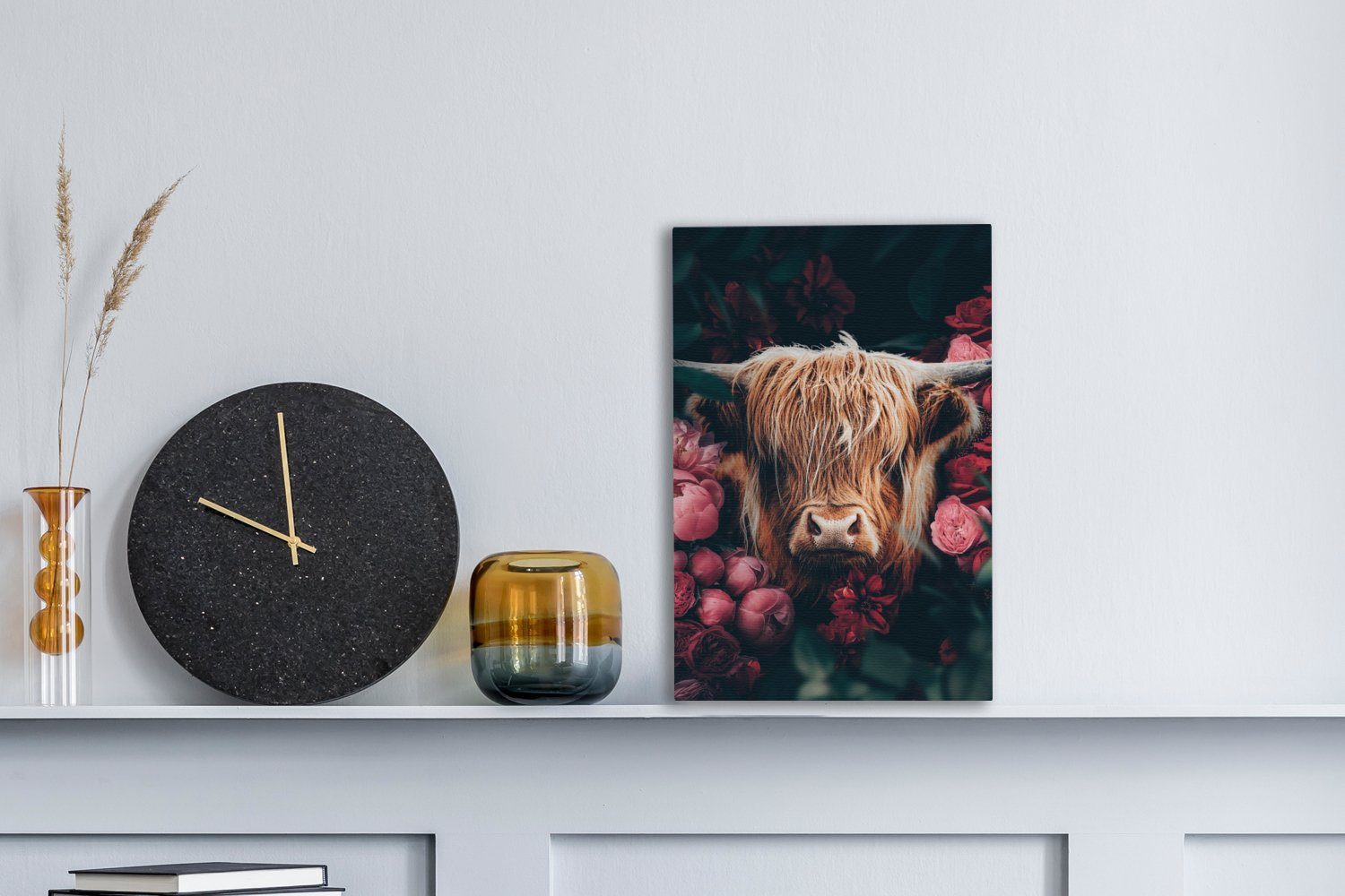 OneMillionCanvasses® Leinwandbild Kuh - Schottischer Highlander - Blumen - günstig online kaufen