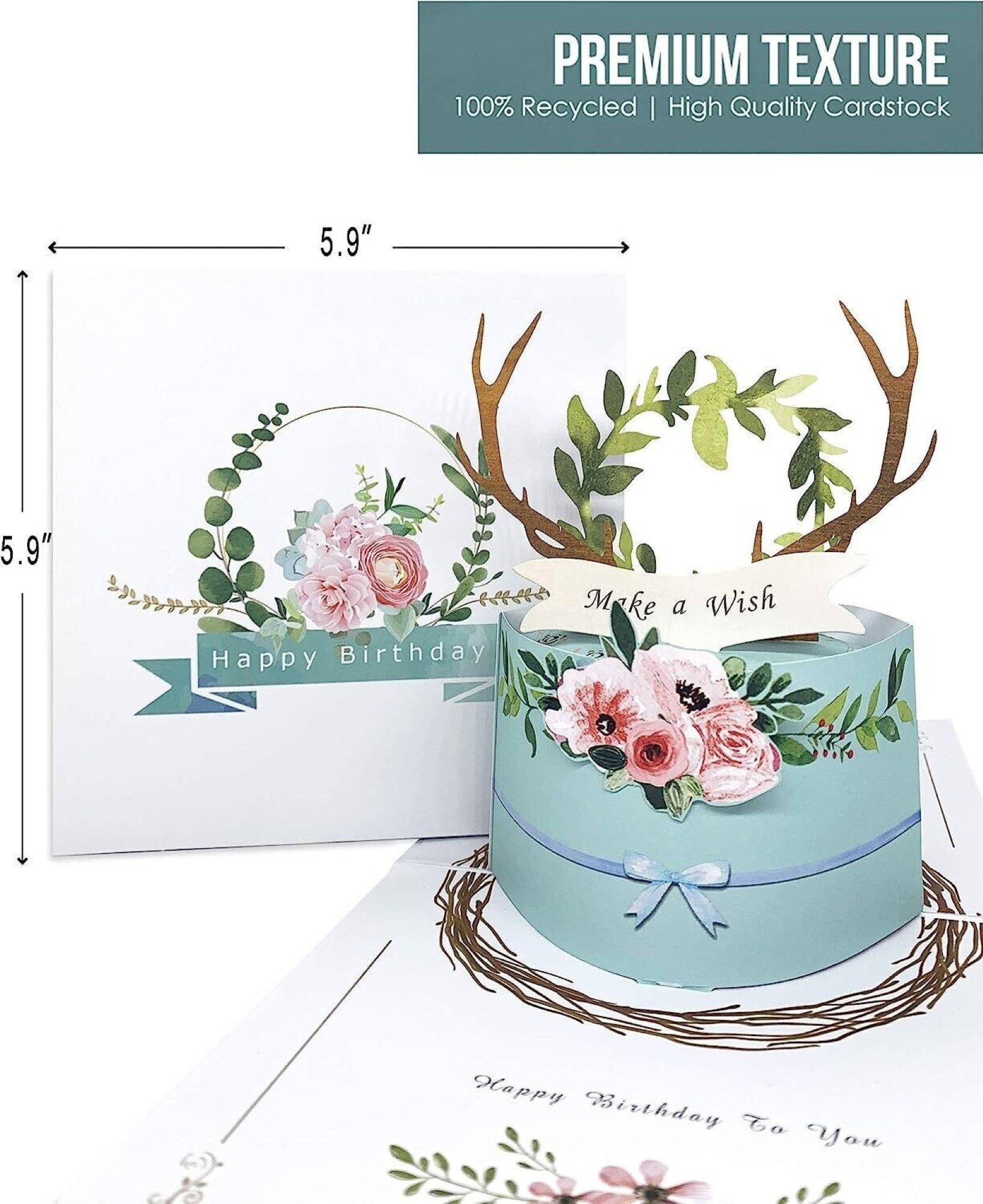 LA CUTE Geburtstagskarte 3D Happy Birthday Pop-up Grußkarte - Feierliche Geburtstagsgratulation, 3D-Pop-Up-Geburtstagskarte mit süßem Kuchen und floralem Design