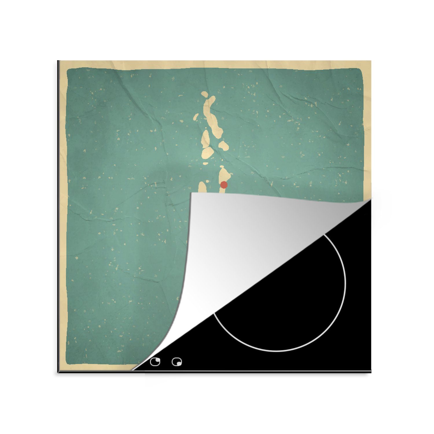 MuchoWow Herdblende-/Abdeckplatte Illustration einer Karte der Malediven im Retro-Stil, Vinyl, (1 tlg), 78x78 cm, Ceranfeldabdeckung, Arbeitsplatte für küche