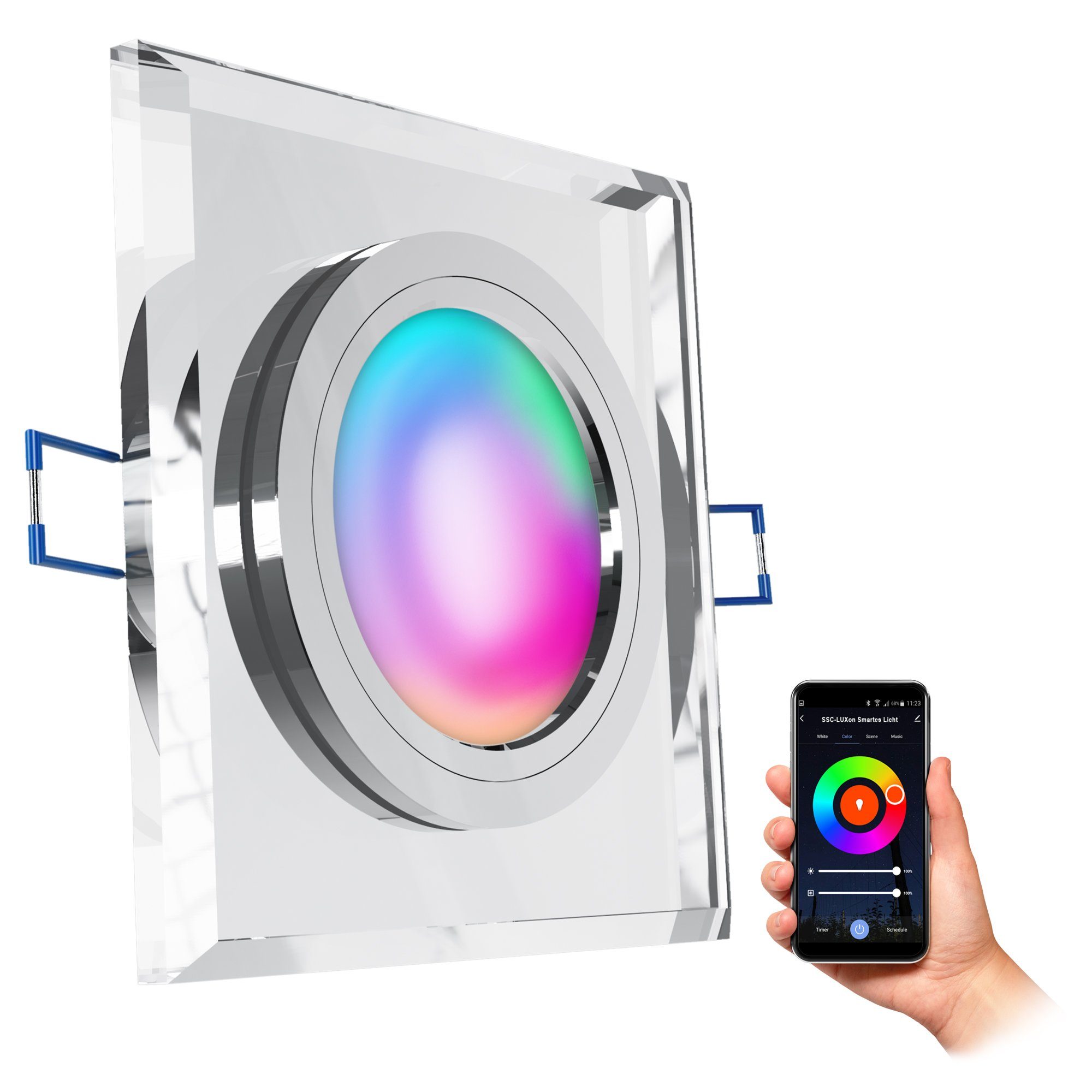 SSC-LUXon LED Einbaustrahler Glas Einbauspot flach, eckig & transparent mit WiFi LED RGB Modul, RGB
