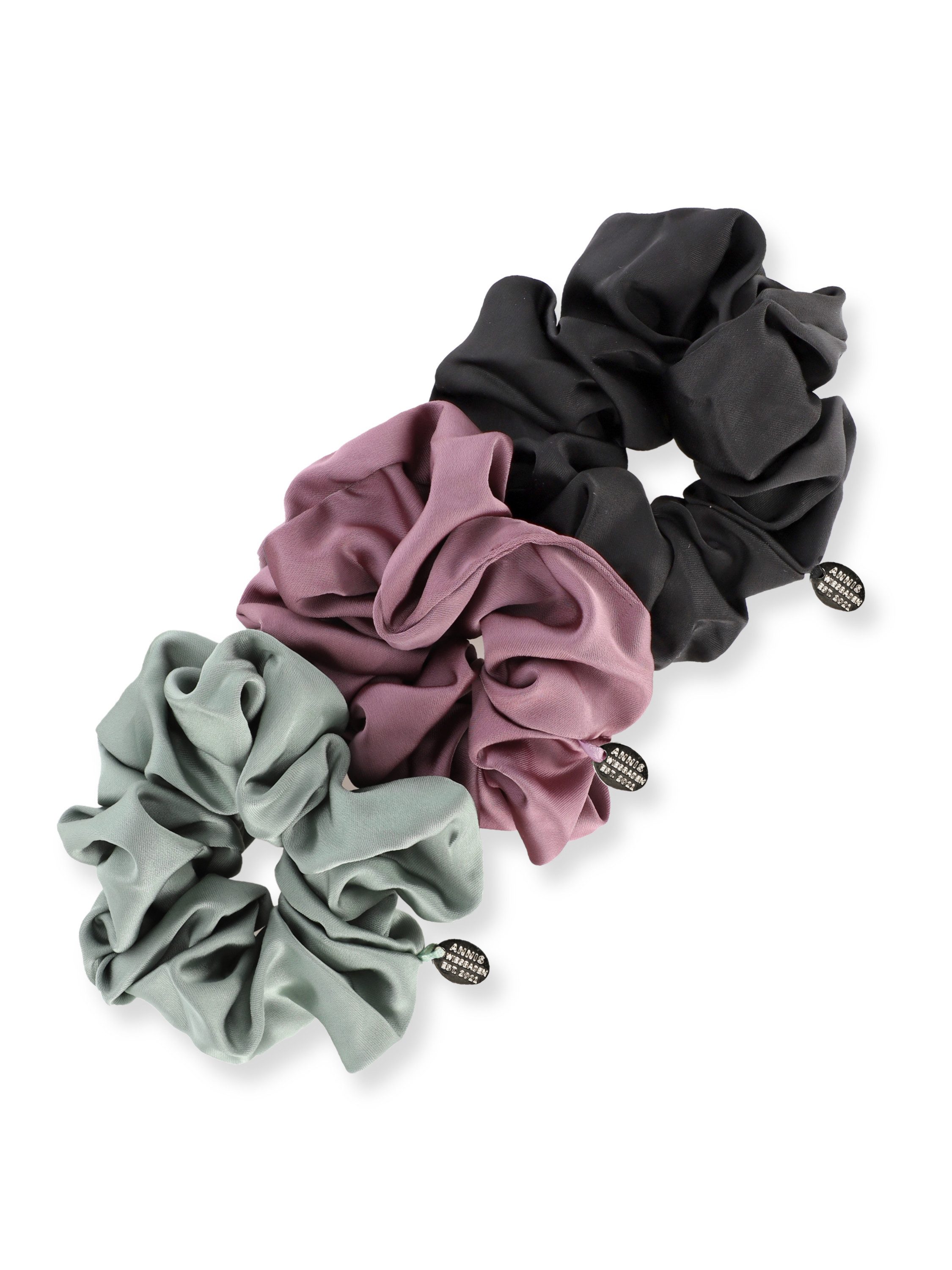 ANNIS WIESBADEN EST. 2021 Haargummi Signature Satin Scrunchie Set – Premium Haarbänder mit seidigem Finish, 3er Set, 3 Scrunchies