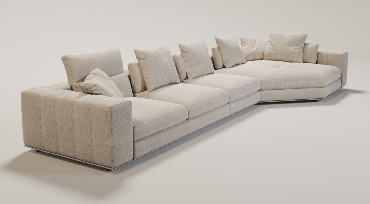 Casa Padrino Sofa Luxus Wohnzimmer Sofa mit Kissen Beige / Silber 400 x 130 x H. 56 cm - Luxus Wohnzimmer Möbel