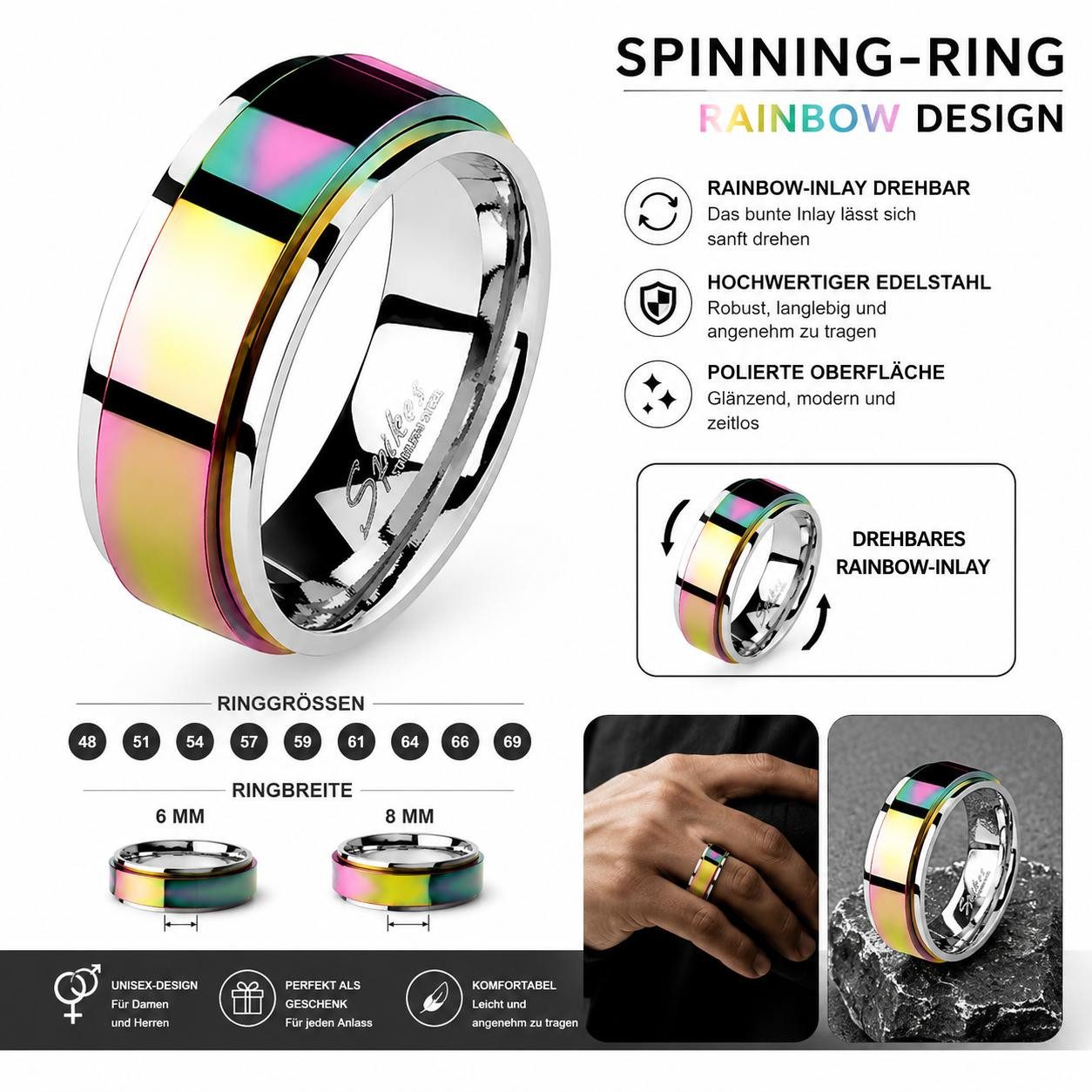 Taffstyle Fingerring Spinner Ring Edelstahl drehbar Anti Stress Ring Rainbow Inlay Unisex (Drehbarer Edelstahlring mit Rainbow-Inlay für entspannendes Drehen und modernes Design), Band Ring Herrenring Damenring Partnerring Trauring