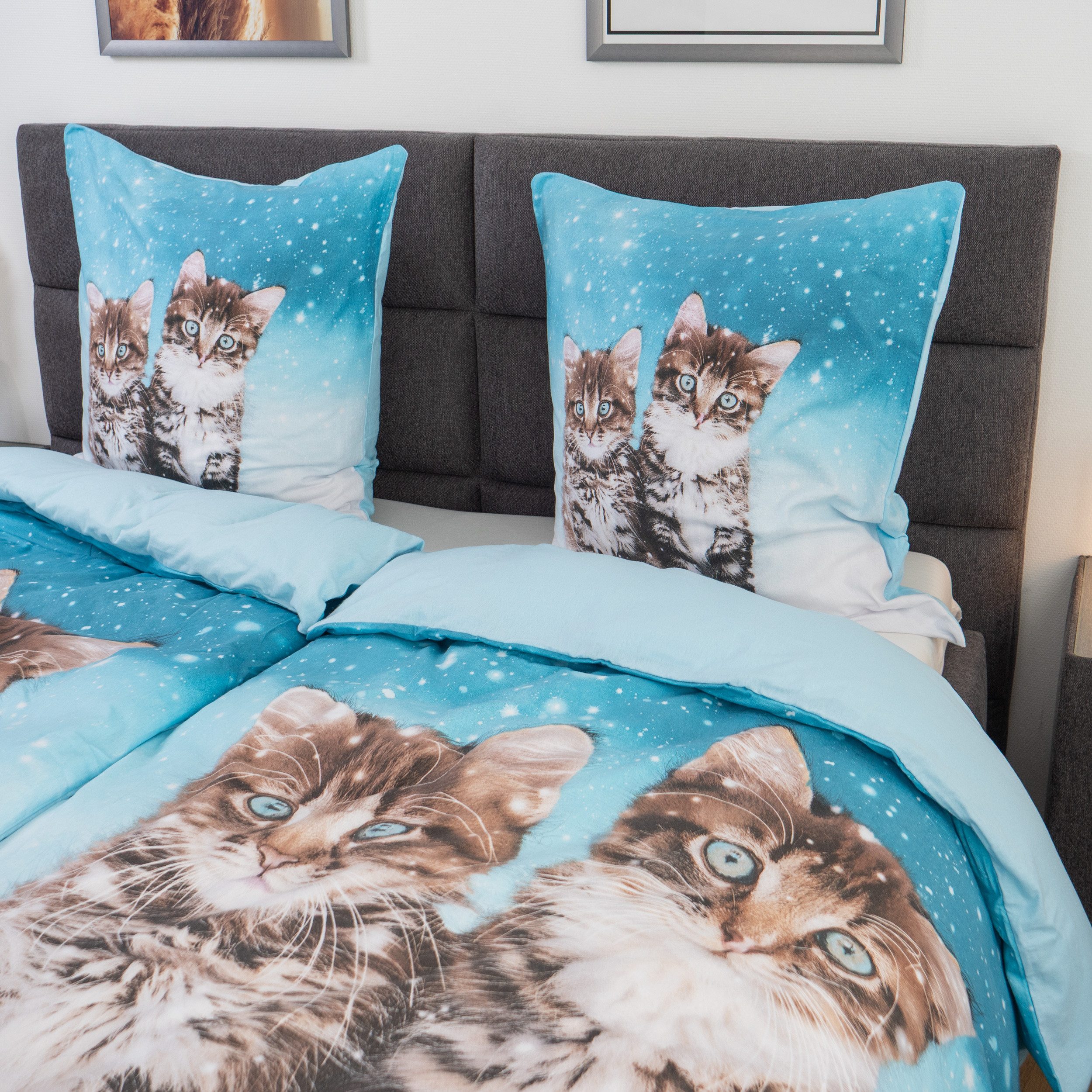 good morning Bettwäsche Comfort Baumwolle, Flanell, 2 teilig, Katzen,Schnee,Schneeflocken,blau,Wendebettwäsche – Bild 3 von 5