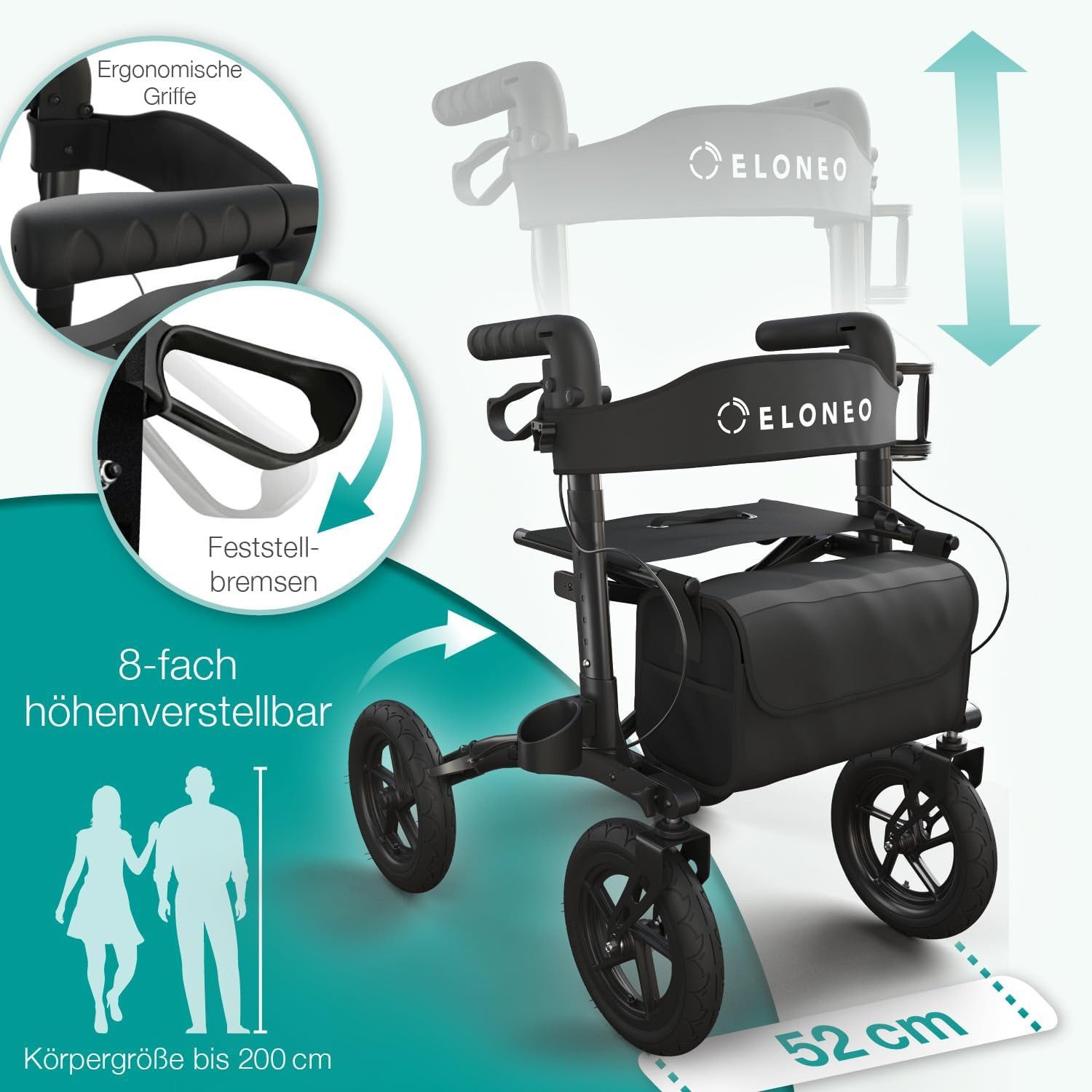 ELONEO Rollator faltbar & leicht, Outdoor Rollator mit Sitz & Luftbereifung, Klick & Go System, feststellbare Bremse, Lufträder