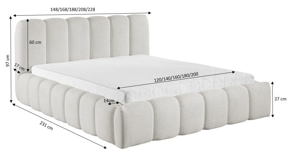 yourhouse24 Polsterbett Micandi Bouclé, Rillen-Design inkl. Metallrahmen, Voluminöses Wolkenbett mit großem Bettkasten