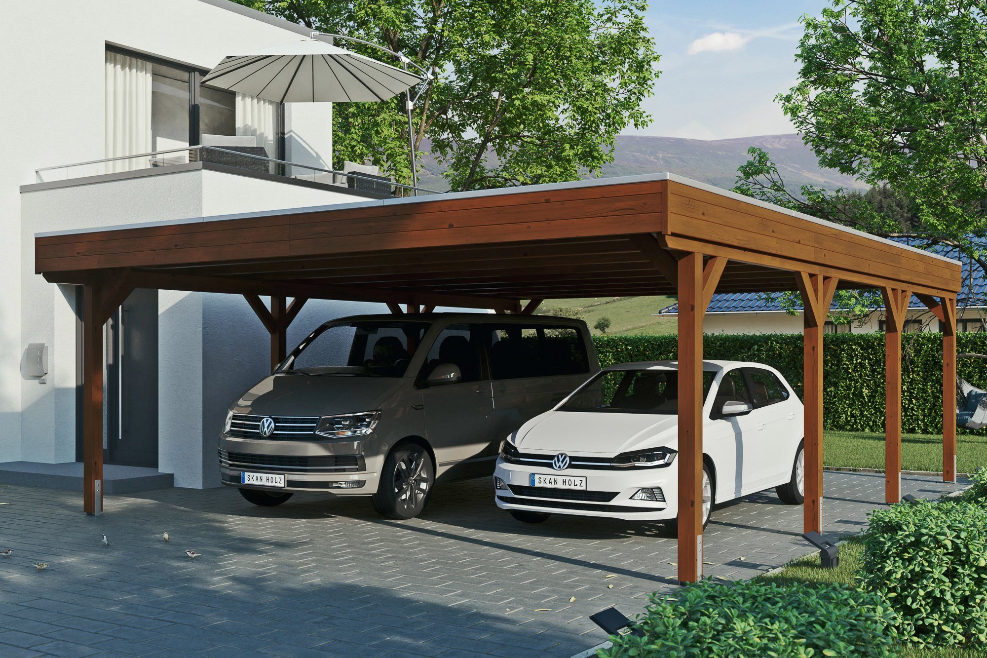 Skanholz Doppelcarport Grunewald, BxT: 622x796 cm, 590 cm Einfahrtshöhe,  mit Aluminiumdach, Flachdach mit Aluminium-Dachplatten, farblich behandelt  in nussbaum