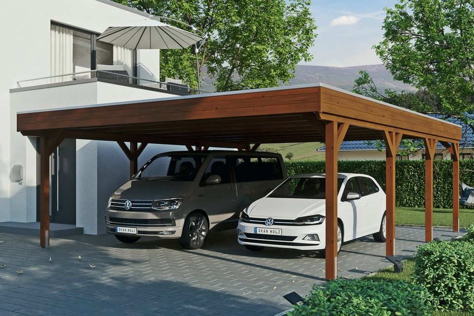 Skanholz Doppelcarport Grunewald, BxT: 622x796 cm, 590 cm Einfahrtshöhe,  mit Aluminiumdach, Flachdach mit Aluminium-Dachplatten, farblich behandelt  in nussbaum