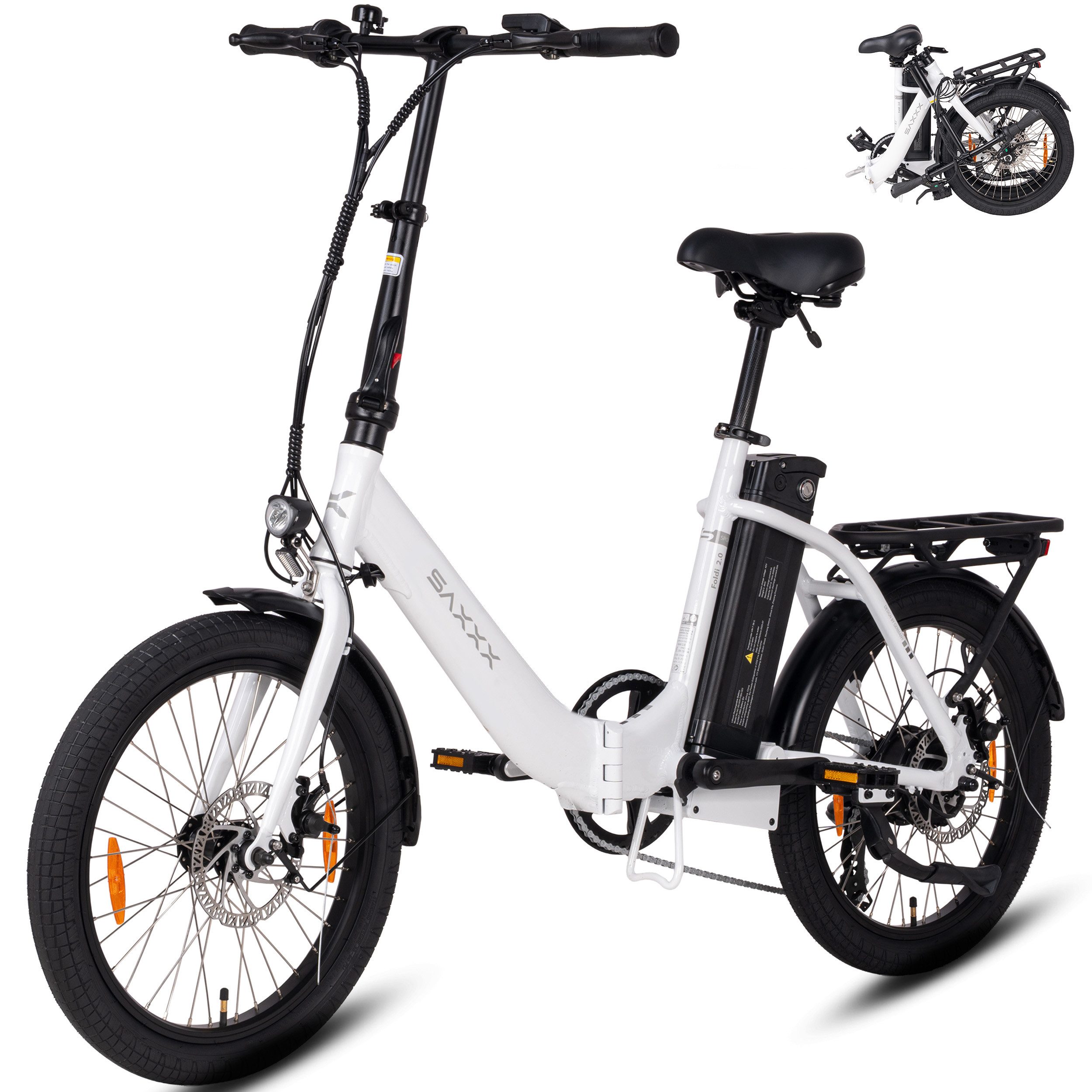 SAXXX E-Bike Klapprad 20 Zoll, Elektrofahrrad, bis zu 90km, Faltrad, für Damen und Herren, 7 Gang Shimano SL-RV300-7R Schaltwerk, Kettenschaltung, Heckmotor, 460 Wh, nur 23kg, RH: 42cm, bis zu 130kg, Pedelec, E-Citybike mit Tiefeinstieg