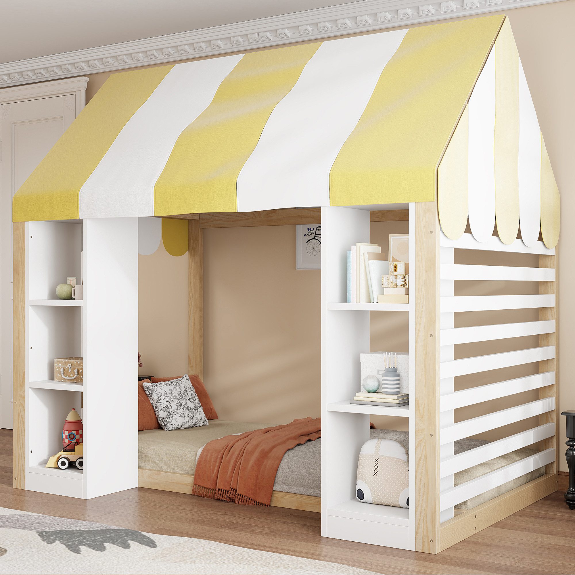 Celya Kinderbett 90 x 200 cm, im Landhausstil, mit Himmelbett (ohne Matratze, mit offenem Stauraum vorne und Holzrahmen)