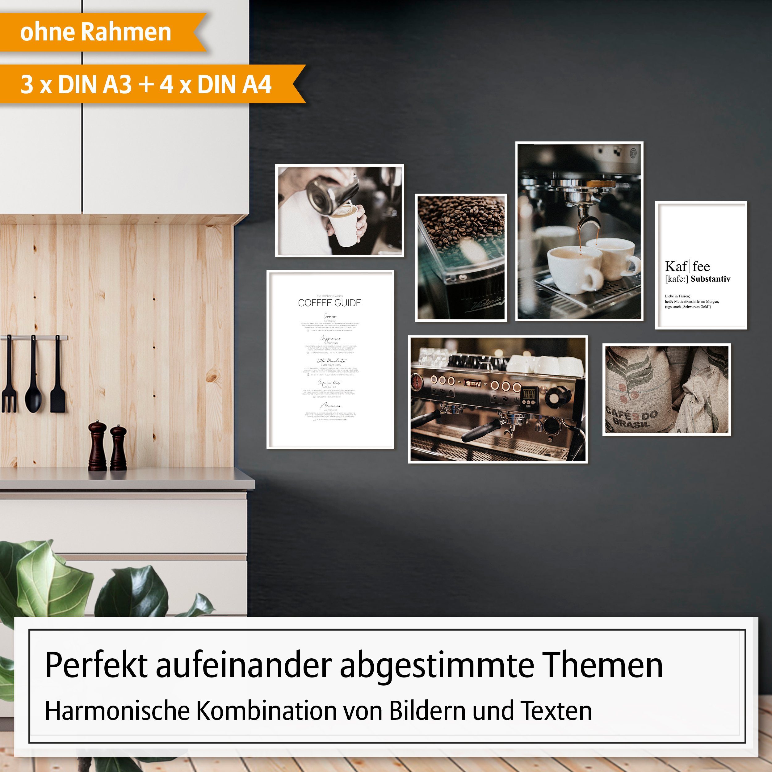 Hyggelig Home Poster Kaffee, Premium Poster Set OHNE & MIT Rahmen - Wandbilder Coffee Guide, Genuss (Set, 7 St), Collage für Küche, Qualitätsdruck dickes Papier