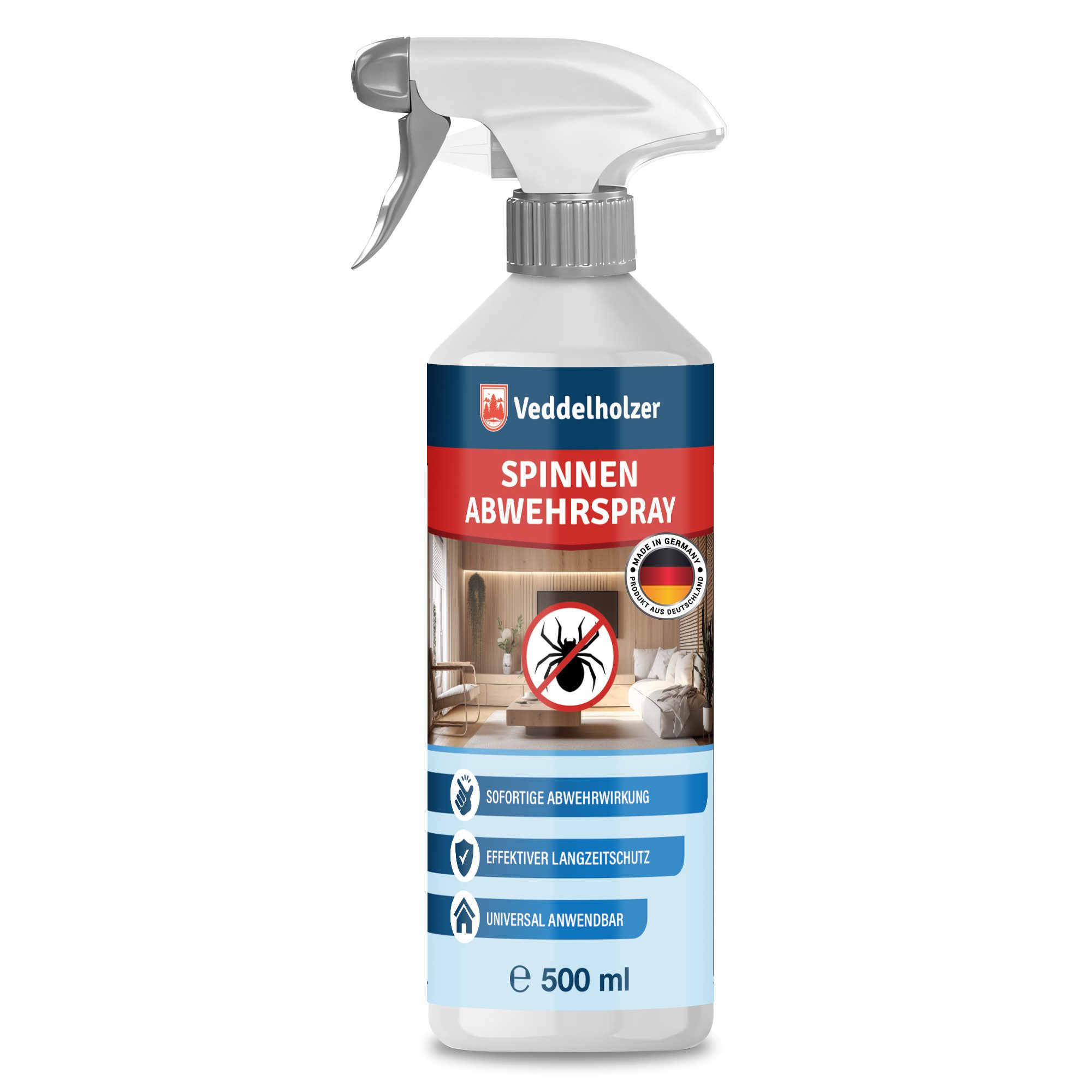 Veddelholzer Insektenschutz-Spray 500ml Spinnen Abwehrspray Anti-Spinnenspray Effektive Spinnenabwehr Schutz vor Spinnen im Innen- & Außenbereich, Sofort & Langzeitwirkung, ungiftig & nicht färbend