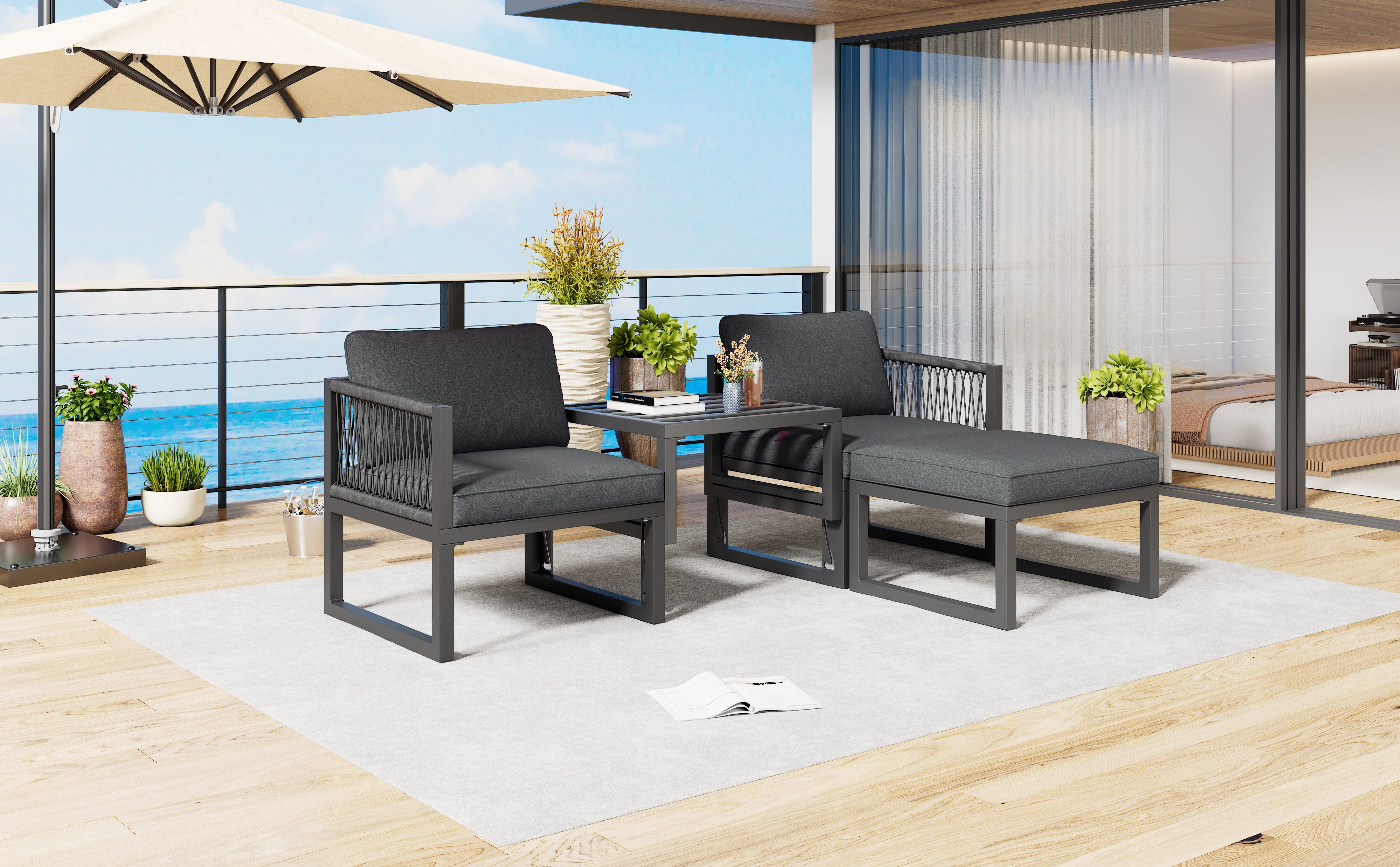 Flieks Gartenlounge-Set, Balkonset Gartenmöbel Sofagarnitur Aluminium, 2 Sessel und 2 Hocker