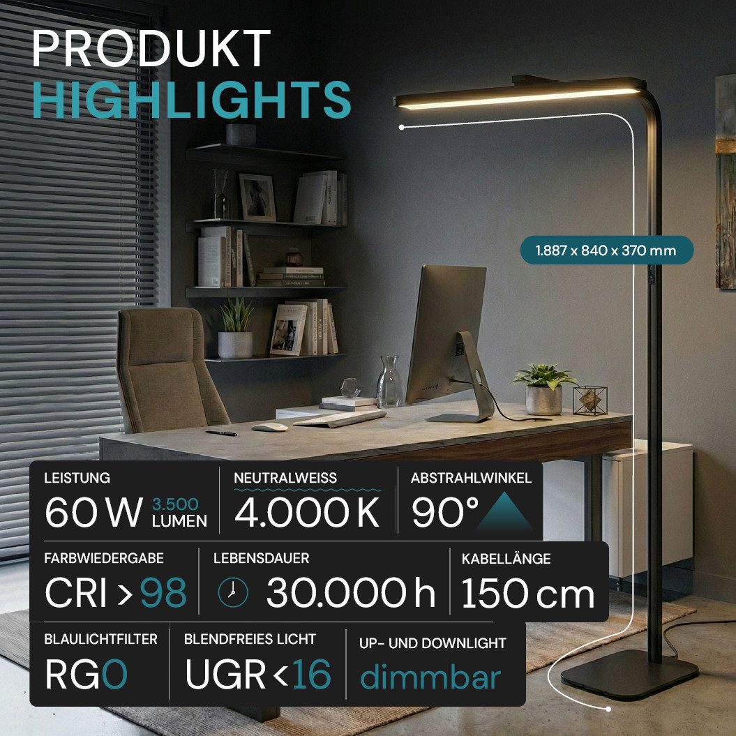LUXULA LED Stehlampe Büro, dimmbar, Up/Downlight, blendfrei UGR16, Tageslichtweiß, LED Bürostehleuchte, Vollspektrum CRI98