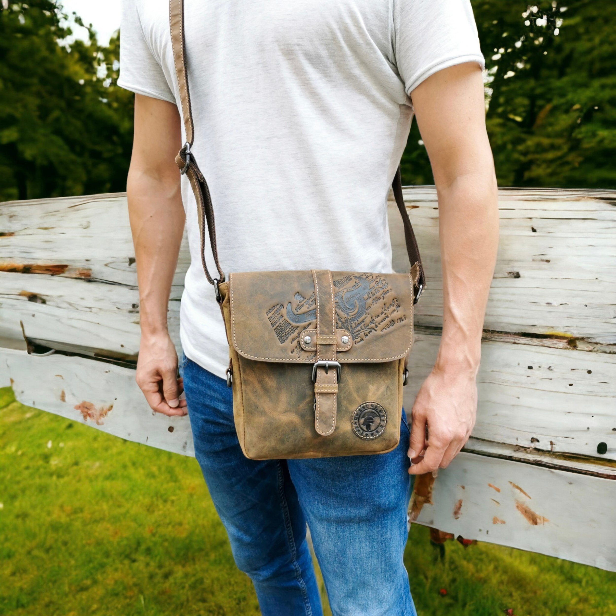 Landleder Messenger Bag Bull & Snake Kompakttasche Unisex, echtes Rindleder