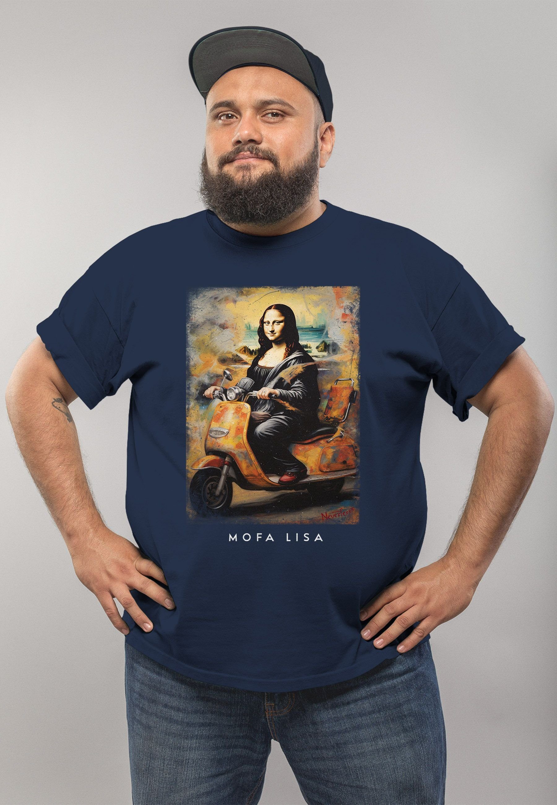 Herren Meme Print MoonWorks T-Shirt mit Mona Lisa Print Lisa Kapuzen-Pullover Print-Shirt Aufdruck Parodie Mofa navy
