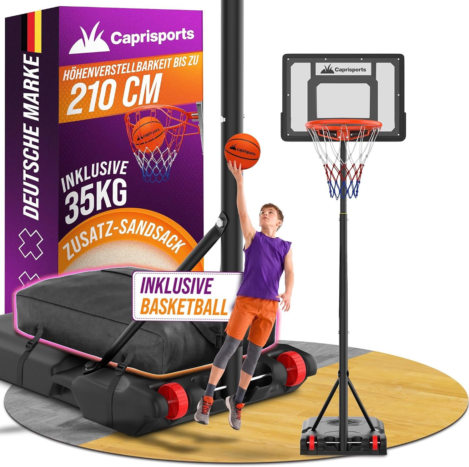 Caprisports Basketballkorb Basketballkorb outdoor - höhenverstellbar - inkl. Ball und Sandsack (mit Ersatznetz und Sandsack zum Beschweren)