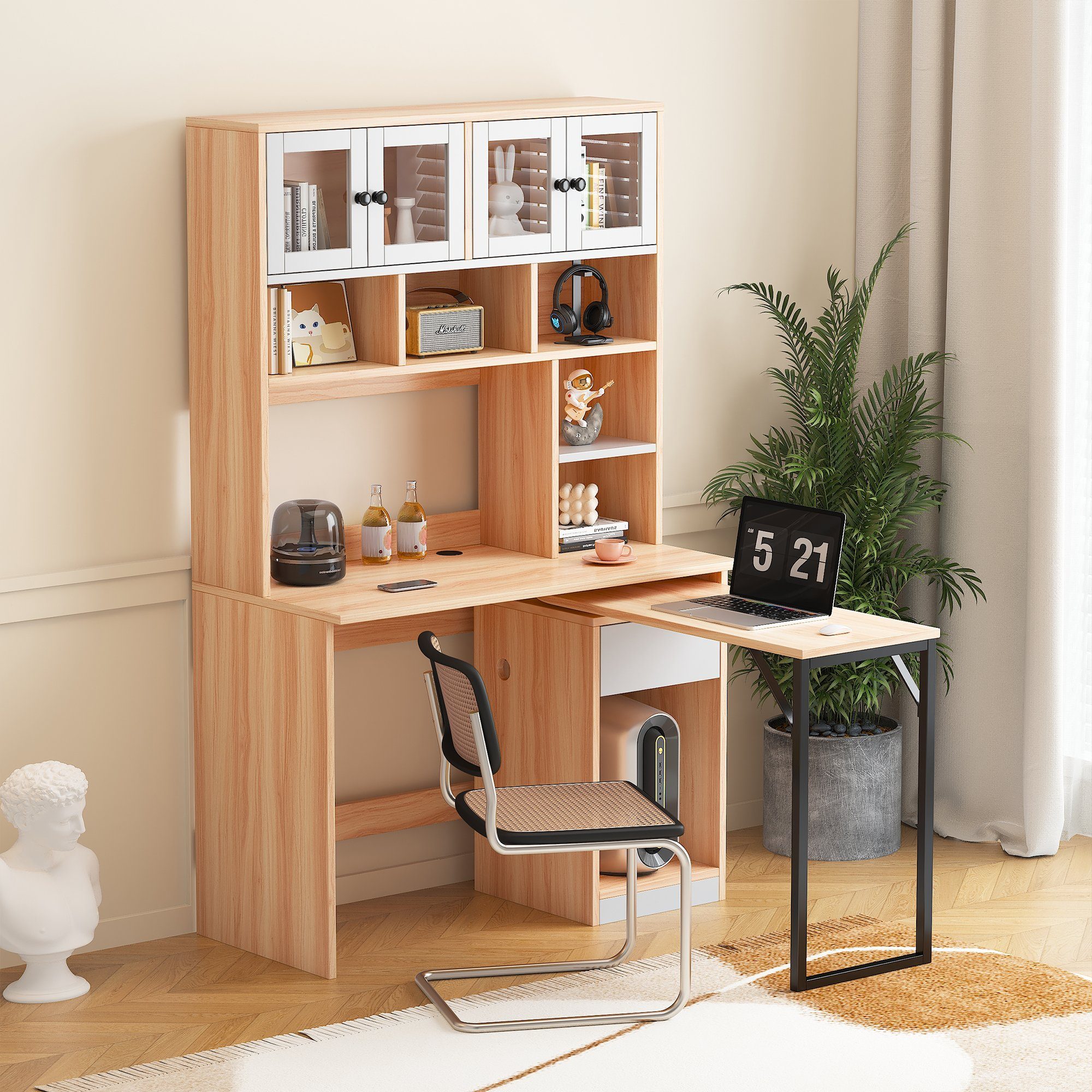 HAUSS SPOLE Schreibtisch mit drehbaren Arbeitstisch, Schrank und Lagerregal Natur und Weiß