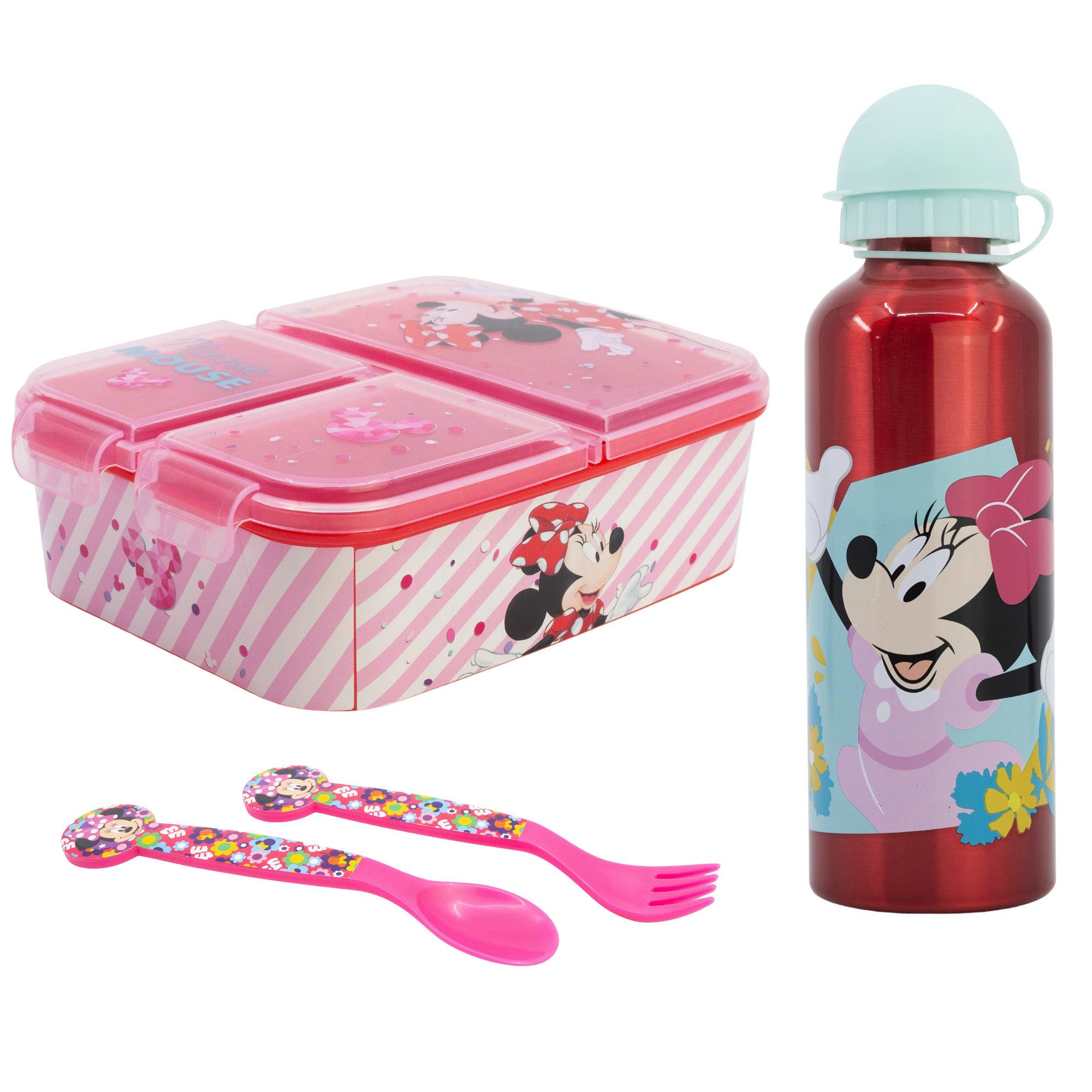 Disney Lunchbox Disney Minnie Maus 4 tlg Lunch Set Brotdose Alu-Trinkflasche Besteck, (4-tlg., Spar-Set), 530 ml
