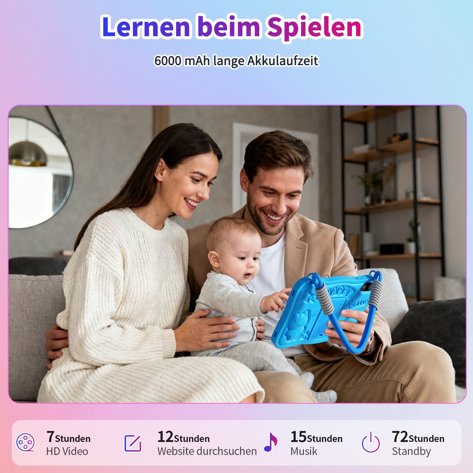 PRITOM 10 Zoll Android 15 Kinder Tablet mit Elternkontrolle,1280x800 HD IPS Tablet (10-Zoll-Kindertablet", Android-Betriebssystem, (WiFi 6,Vorinstallierte Lernapps,stoßfest,6000 mAh) blau