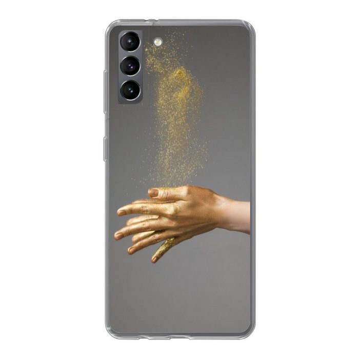 MuchoWow Handyhülle Frau mit goldgefärbten Händen und einer Glitzerwolke Phone Case Handyhülle Samsung Galaxy S21 Plus Silikon Schutzhülle