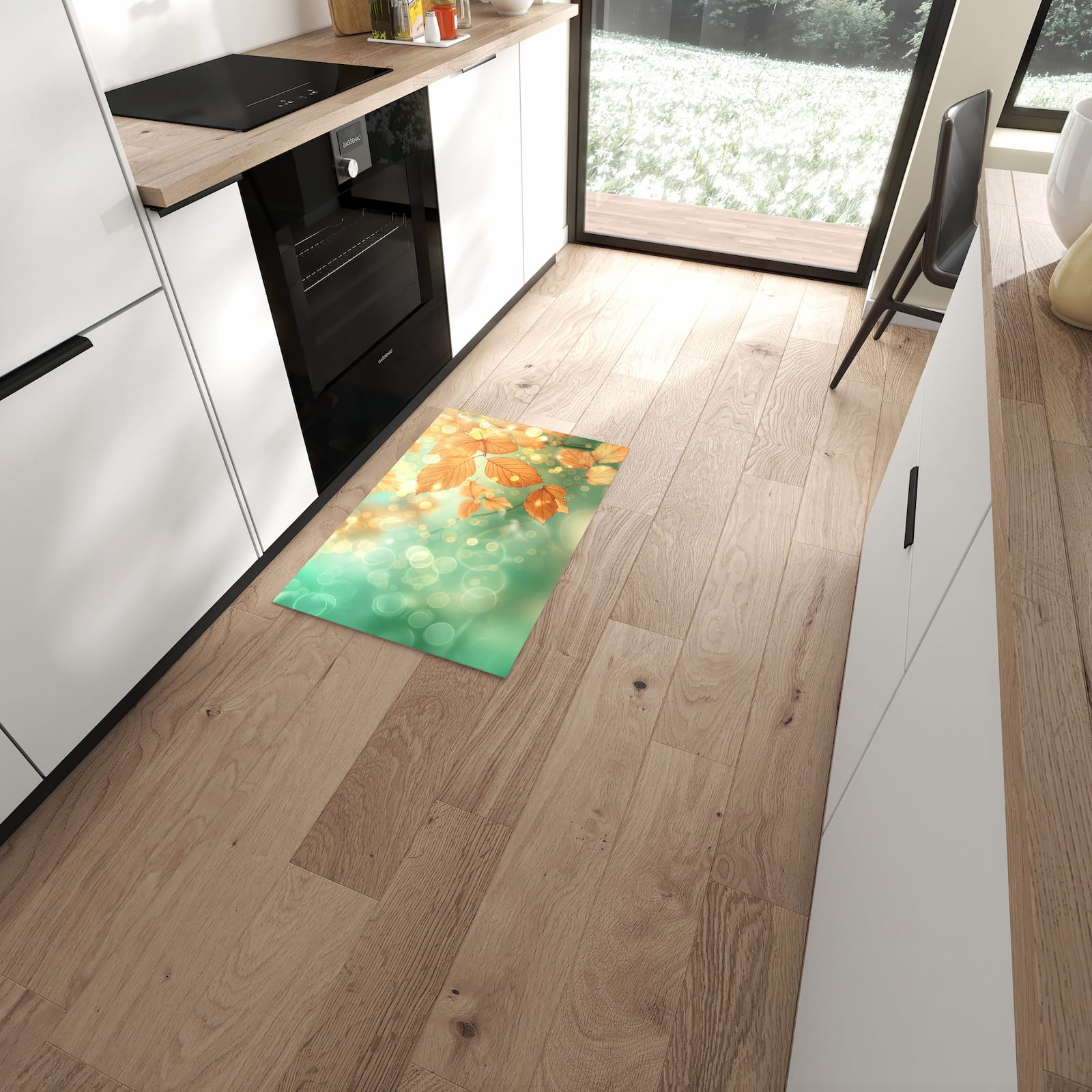 Primedeco Küchenläufer Küchenteppich Blätter vor Türkis, Rechteckig, Höhe: 3 mm, rutschfest, waschbar & pflegeleicht