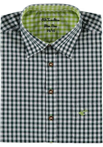 OS-Trachten Trachtenhemd Pasevu Langarmhemd mit Hirsch-Stickerei auf der Brusttasche