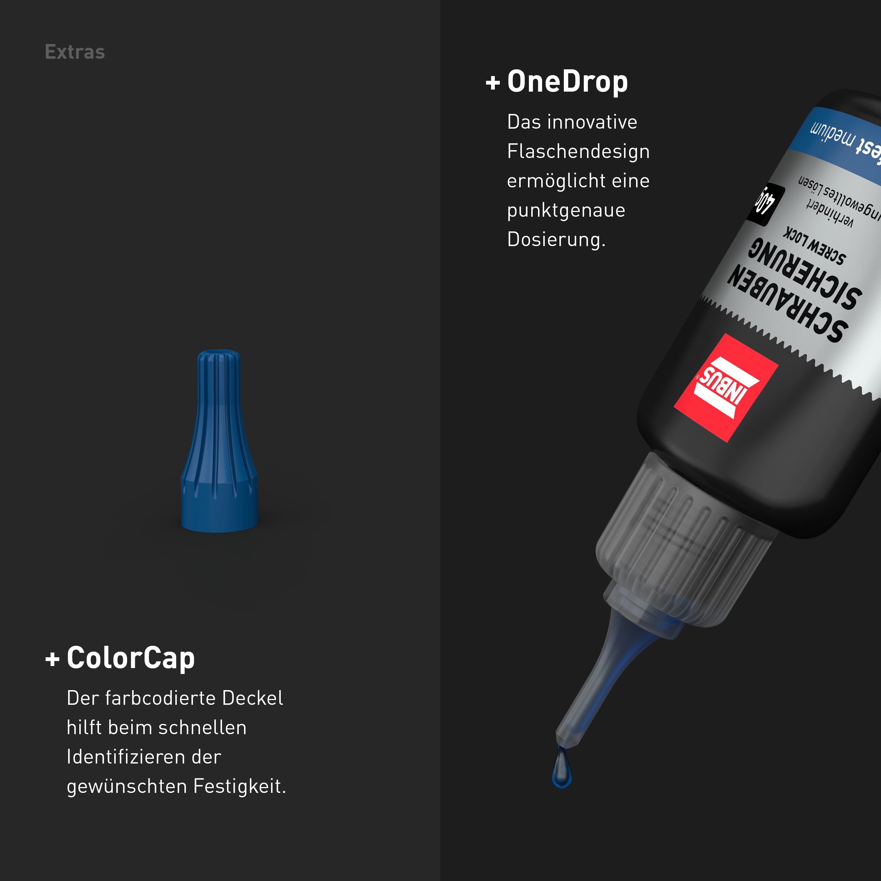 Schraubenkleber OneDrop INBUS ColorCap + mittelfest, 40g, Schraubensicherung Gewindekleber, Klebstoff