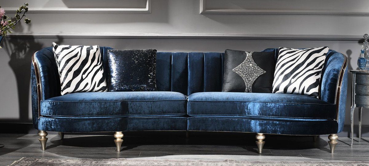 Casa Padrino Sofa Luxus Barock Samt Sofa Blau / Antik Silber / Dunkelbraun 262 x 104 x H. 80 cm - Barock Möbel