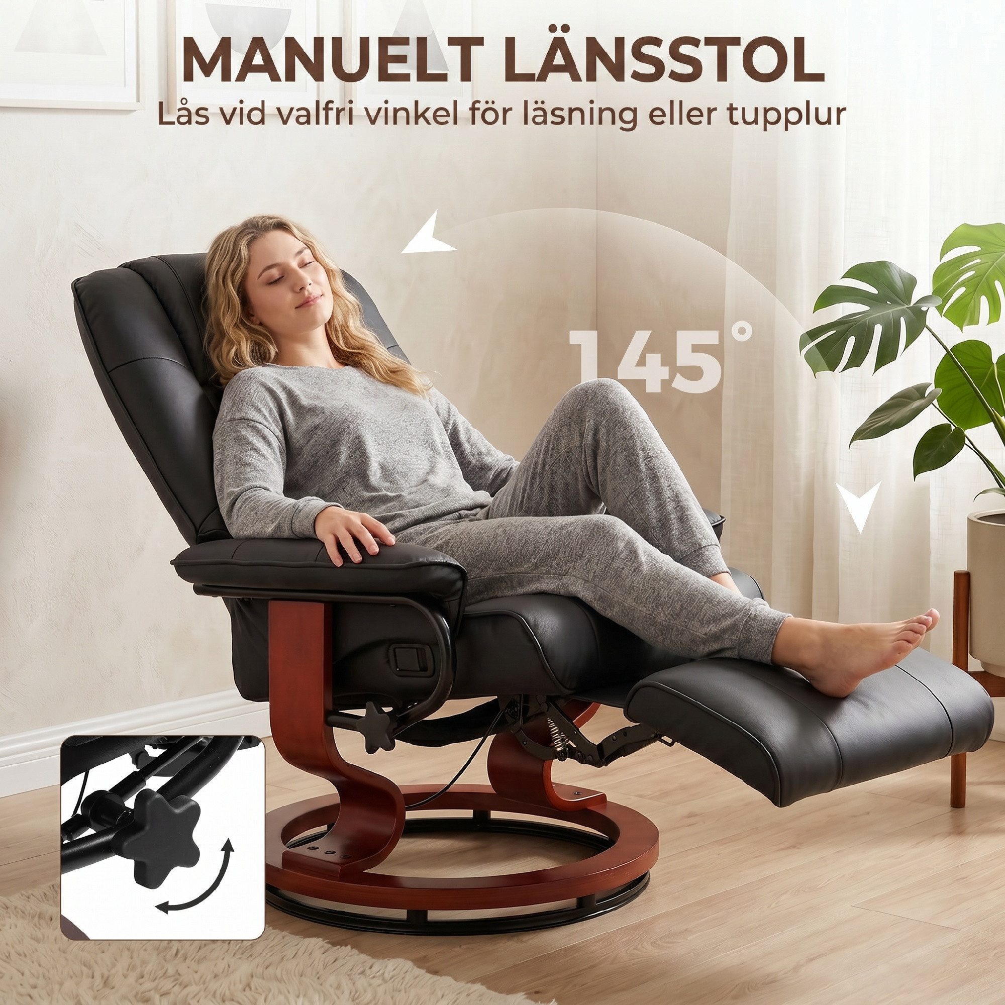 HOMCOM Relaxsessel Fernsehsessel Liegesessel mit Fußstütze aus Kunstleder 360° Drehstuhl Holzfuß Schwarz 145° neigbar 78 x 87 x 100 cm Aosom – Bild 4 von 5