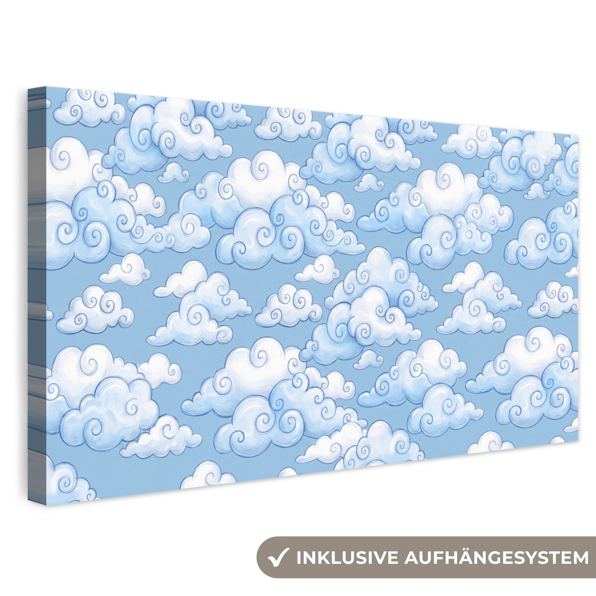 OneMillionCanvasses® Leinwandbild Panorama Wolken – Muster – Himmel – Illustration – Weiß, Fotodruck (1 St), Wandbild, Deko Schlafzimmer Wohnzimmer Flur 40x20 cm