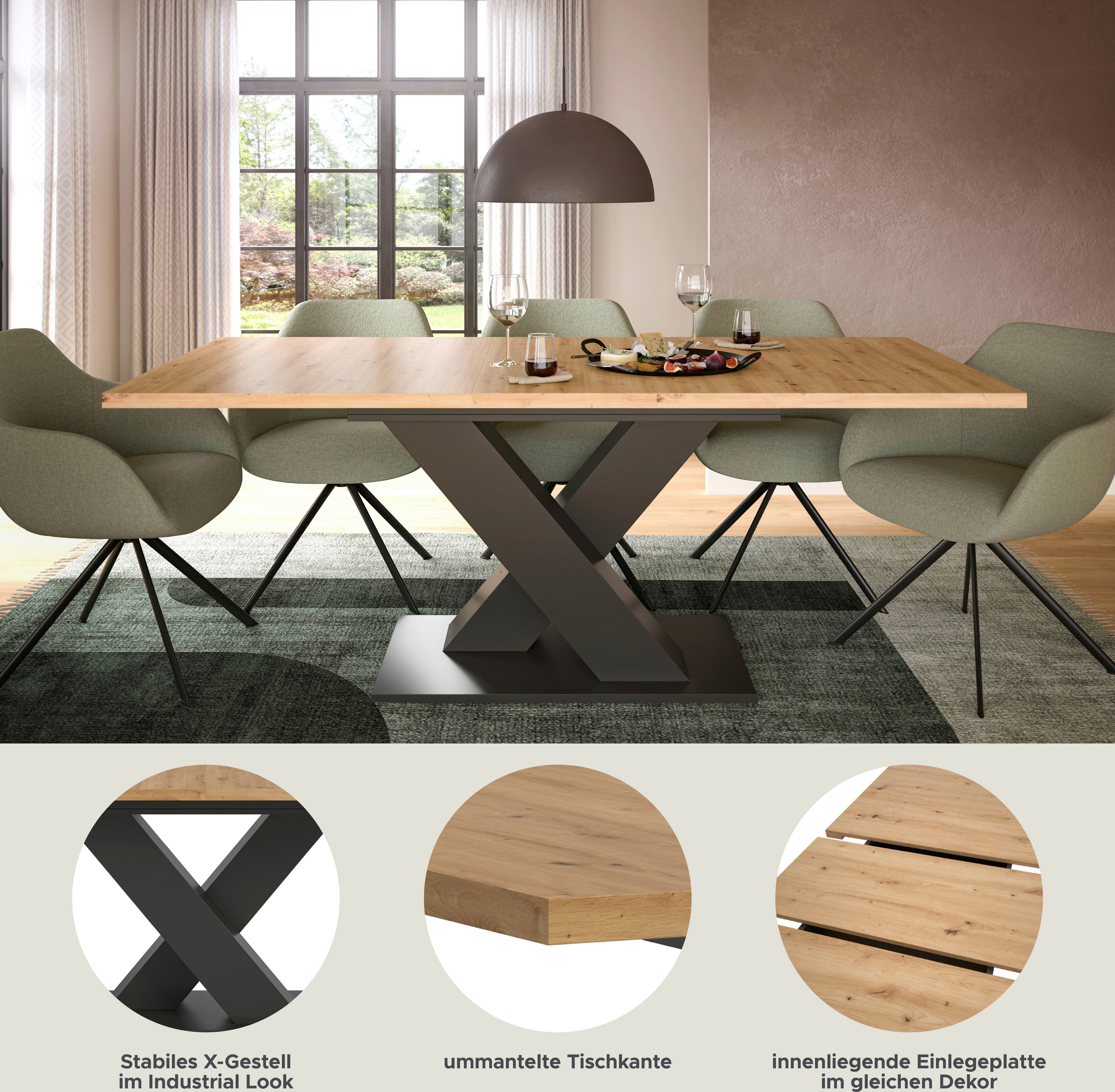 Home affaire Esstisch Motus, ausziehbar 150 -190 cm, inklusive 40 cm Einlegeplatte (Set, 1-St), X-Gestell mit Bodenplatte, Tisch, Küchentisch, Esszimmer, Küche